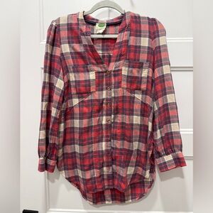 Anthropologie Plaid Button Front Blouse Women’s Size 2 Red Flannel Style